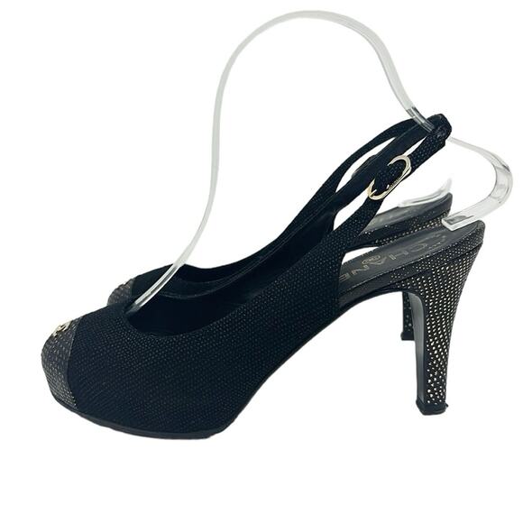 Chanel Tweed Slingback Cap Toe CC Logo Pumps Black Size 38 - Picture 7 of 12